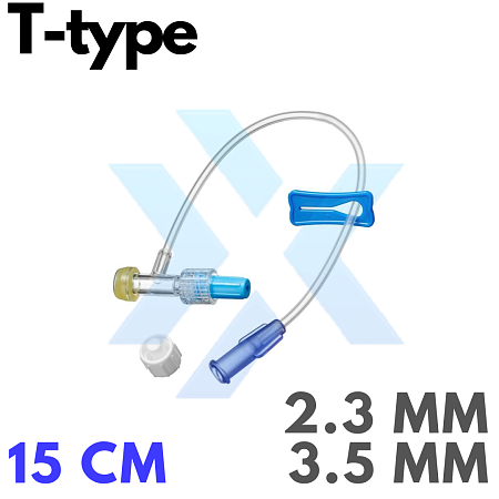 Линии инфузионные T-type Extension Set с Т-образным инъекционным коннектором луер и зажимом - внутренний диаметр 2,3 мм, внешний диаметр 3,5 мм, длина 15 см от «ХайтекМед»